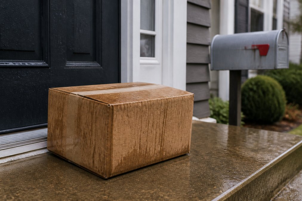 A weathered cardboard package sitting on a residential front porch during light rain, showing water stains and exposure to the elements, with a metal mailbox visible in the background