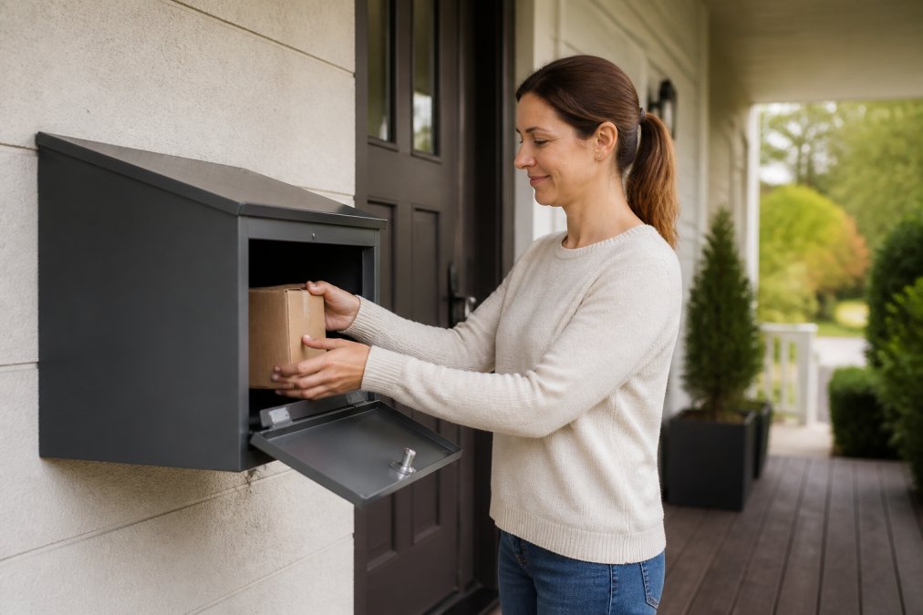 A homeowner in casual clothing standing on their front porch, checking a locked gray delivery box mounted on the wall beside their front door, with a satisfied expression as they retrieve a package from inside