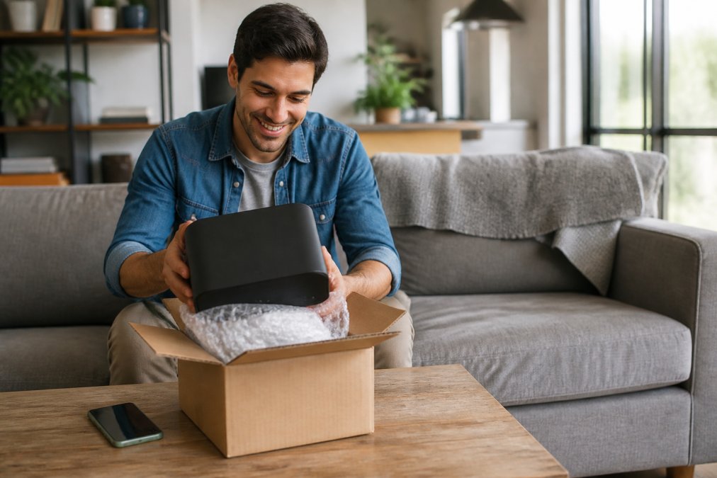 A person in a bright living room unpacking a new electronic device from a cardboard box placed on a coffee table, with a smartphone showing a confirmation screen nearby