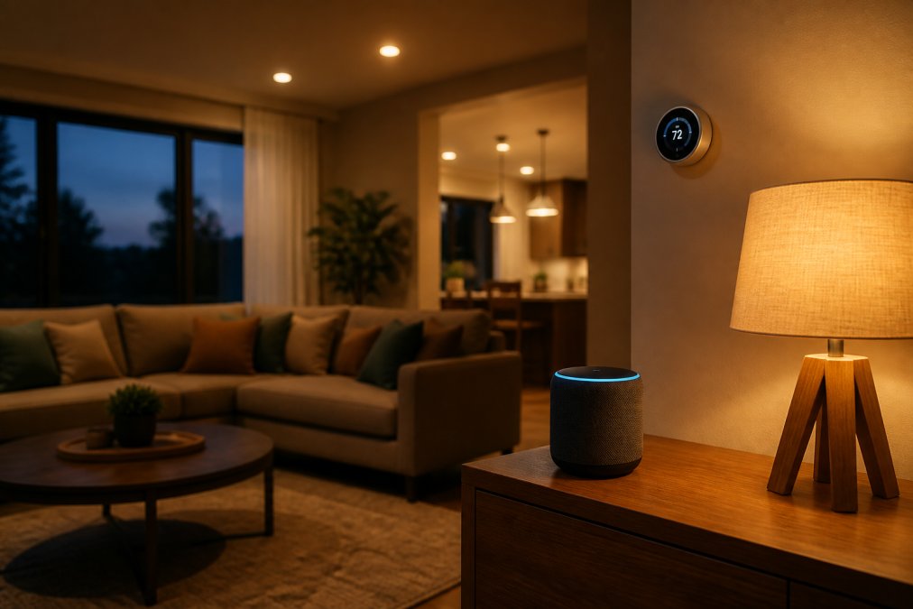 A modern living room at dusk with warm-toned smart bulbs glowing in ceiling fixtures and a lamp, a compact smart speaker sitting on a wooden side table, and a digital thermostat illuminated on the wall in the background, creating a cozy, inviting atmosphere