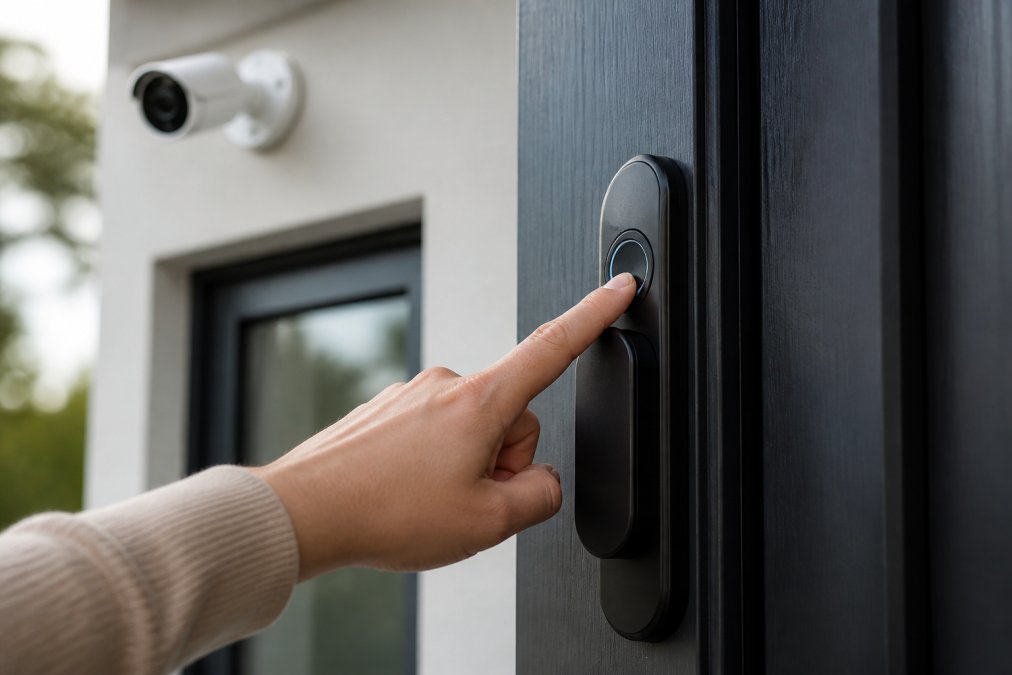 Close-up of a person pressing their fingertip against a fingerprint reader on a modern matte-black smart door lock, with a wall-mounted security camera visible in the soft-focus background above the front door