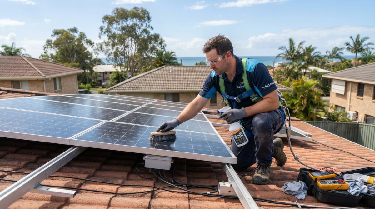 Technician in safety harness inspecting rooftop solar panels with thermal imaging equipment during routine maintenance visit, bright sunny day