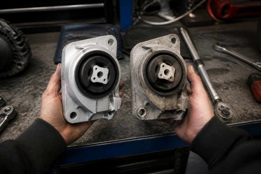 A mechanic's hands holding two side-by-side automotive parts on a workbench, one genuine OEM part with crisp branding and one counterfeit part with faded, misaligned markings, tools and shop lighting in the background
