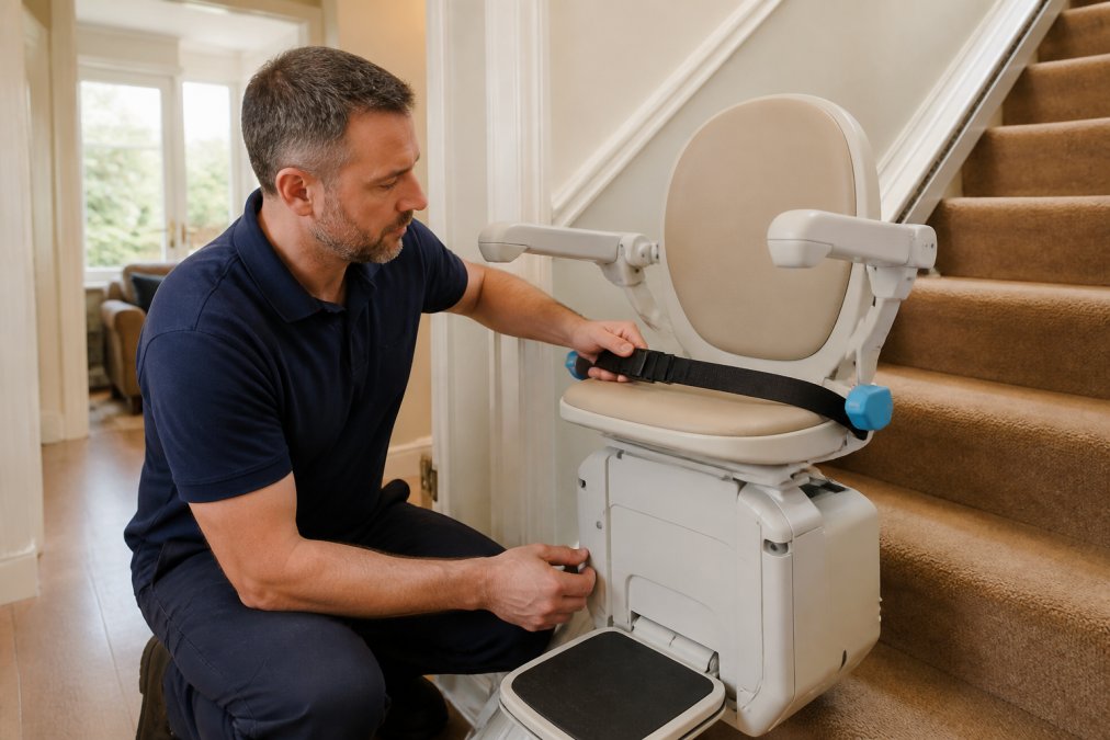 Professional technician inspecting stairlift safety features including swivel seat, safety belt, and armrests on residential staircase with natural daylight