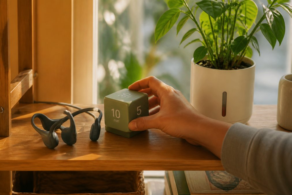 A hand adjusts a cube timer on a shelf filled with innovative lifestyle gadgets in a sunlit living room.