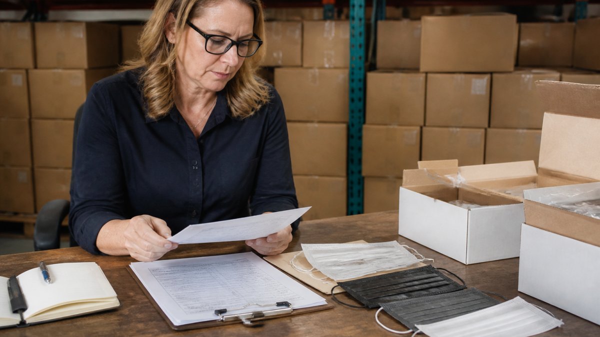 A procurement manager in a warehouse office reviewing supplier paperwork and mask samples on a desk, with shipping cartons stacked behind her