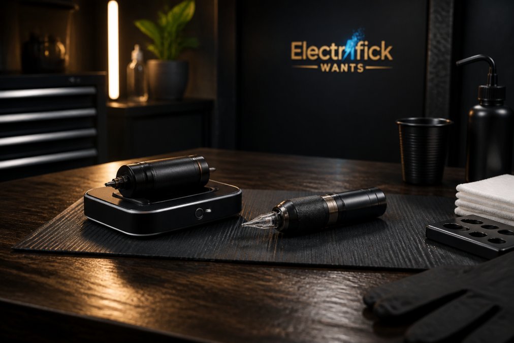 A tattoo artist's clean workstation with a wireless power supply and pen machine resting on a black mat, soft studio lighting highlighting the metal housing and charging dock