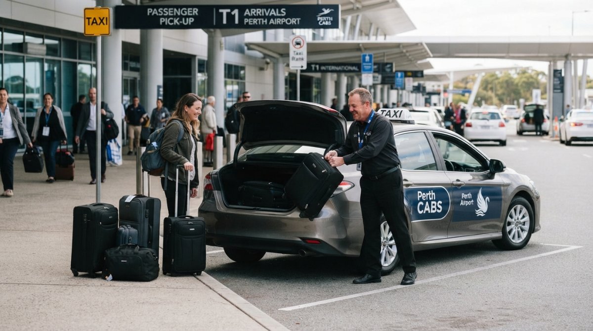 Professional taxi driver greeting passenger at Perth Airport terminal entrance with luggage, clean well-maintained sedan visible in background, natural daylight