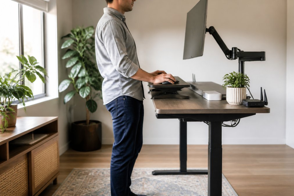 Professional working at ergonomic standing desk with proper posture, adjustable keyboard and mouse positioned at elbow height, monitor at eye level, natural office lighting from window