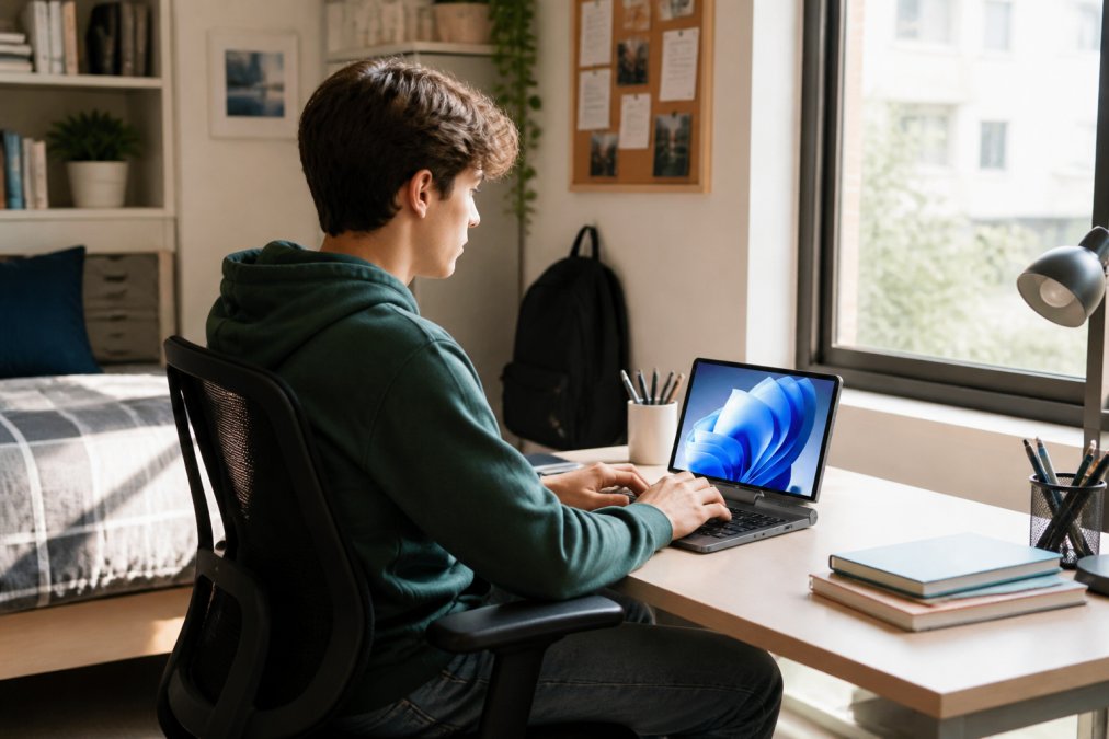 Student sitting at a desk in a dorm room using an ergonomic chair with proper posture, typing on a compact laptop, natural light streaming from a window