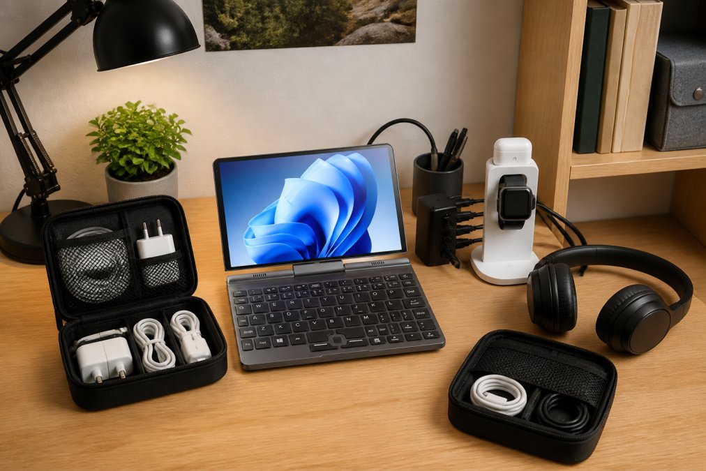 Organized desk setup with neatly arranged cables, charging station, headphones, and accessories in a compact dorm space with proper cable management