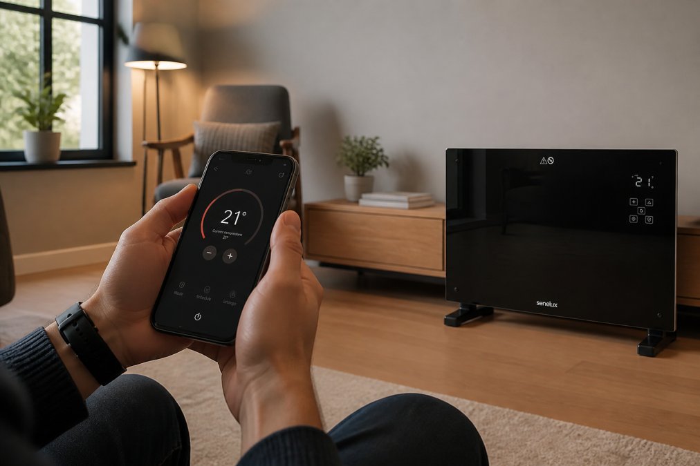 Hands holding a smartphone displaying a smart home app interface with a smart heating panel visible on the wall in the background of a modern living room with warm lighting
