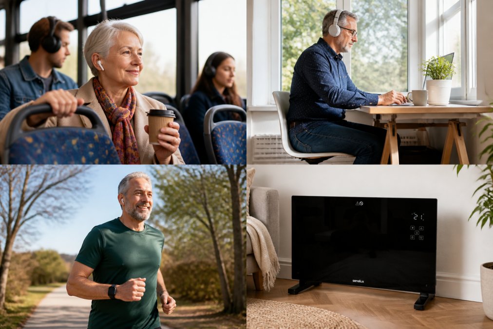 A diverse group of people of different ages using wearable tech and wireless headphones in everyday settings, commuting on public transport, working at desks, exercising outdoors, in natural daylight