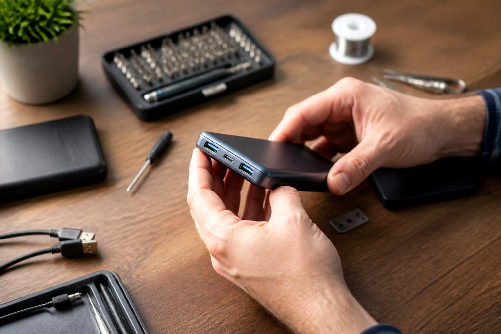 Close-up of hands carefully examining a tech gadget's connectors and build materials under bright natural lighting, checking for durability and construction quality