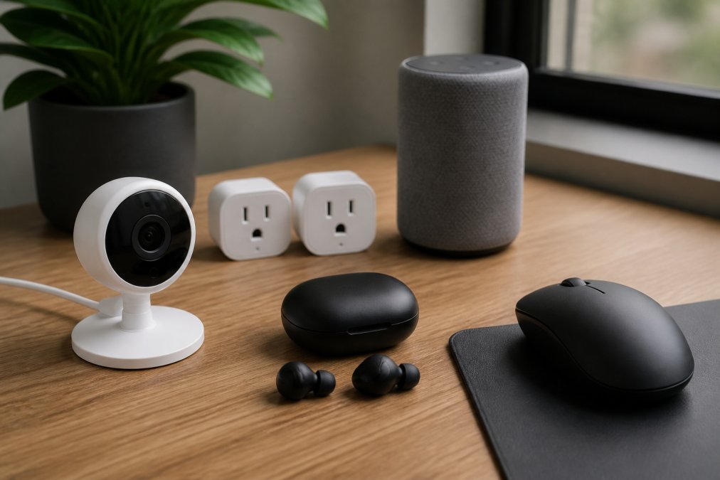 Collection of reliable tech gadgets displayed on a modern workspace desk, showing the camera, smart plugs, speaker, earbuds, and mouse positioned together in practical use arrangement