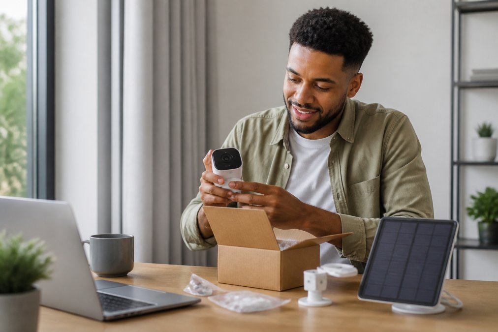 A customer unboxing a compact smart security camera at a tidy home desk, laptop open beside a small solar panel, soft daylight from a window