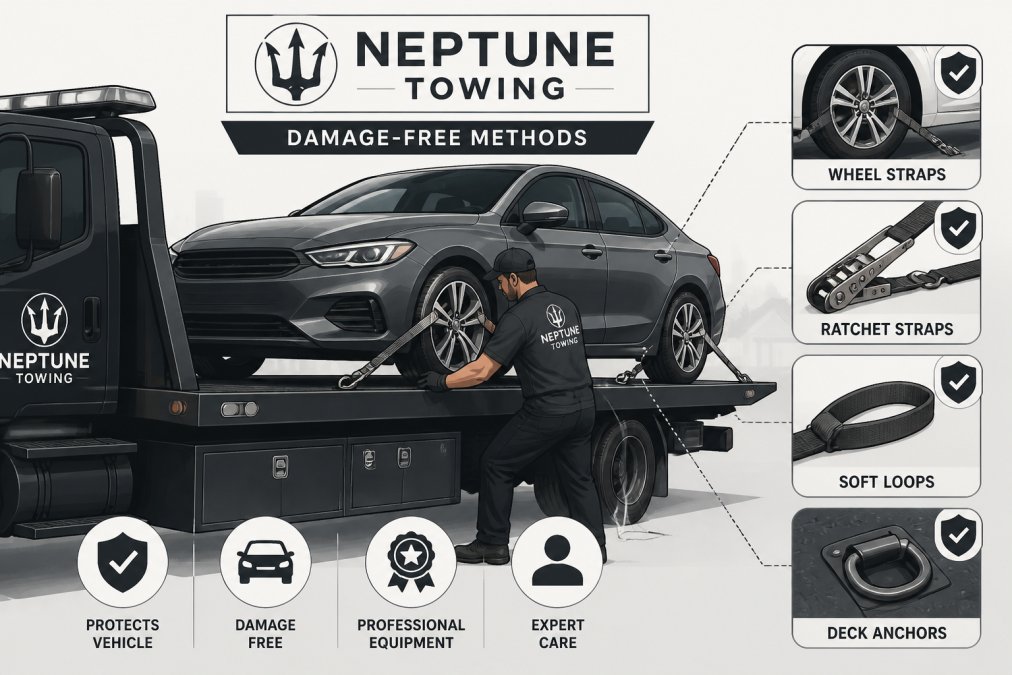 Professional tow truck operator carefully securing a vehicle onto a flatbed truck with proper straps and equipment in daylight, showing meticulous damage-free handling technique