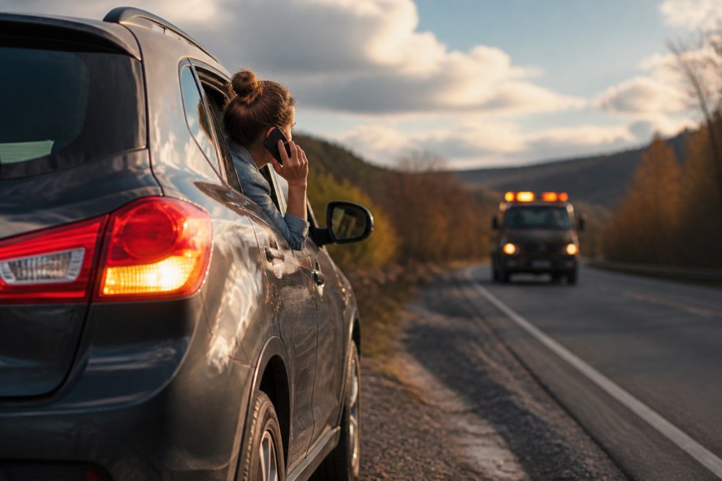 Driver inside a vehicle on the side of the road making a phone call, with hazard lights visible and a tow truck approaching in the distance on a clear day