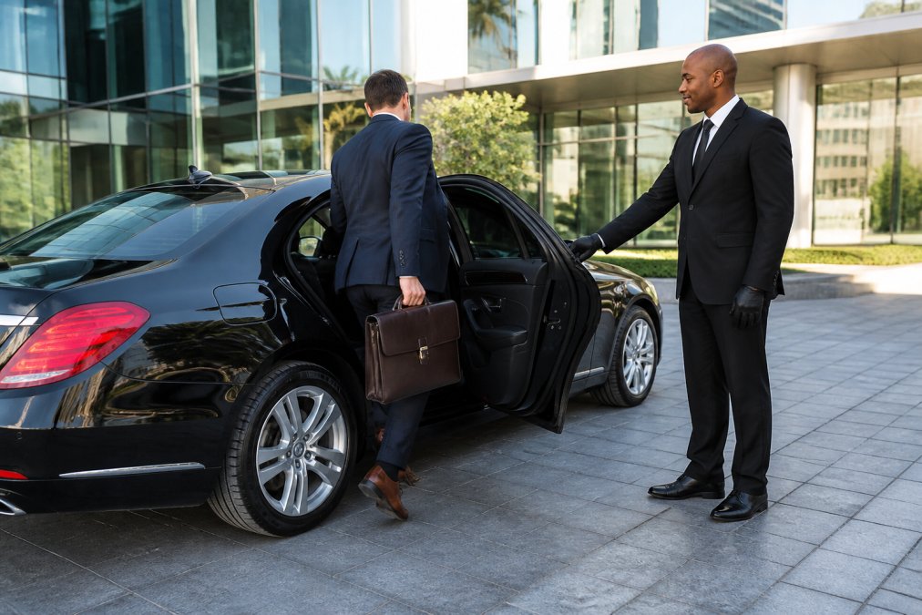 A professional chauffeur in a dark suit holding a passenger door open beside a black executive sedan outside a modern office building, with a business traveler stepping in
