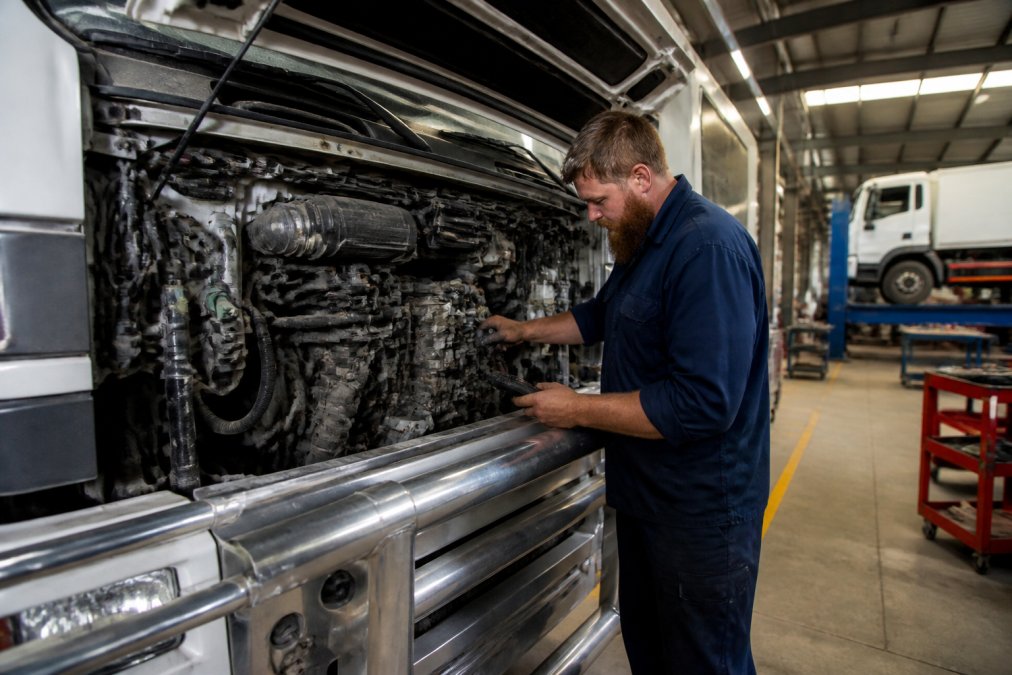 Professional diesel mechanic performing diagnostic testing on a heavy truck engine using modern scan tools in a well-equipped workshop with bright overhead lighting