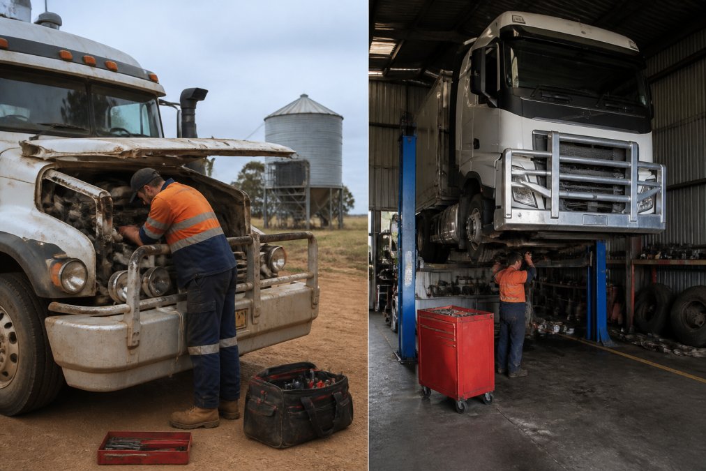Mobile mechanic servicing a heavy truck at a rural farm or worksite, with diagnostic equipment and tools accessible, demonstrating the convenience of on-site repair