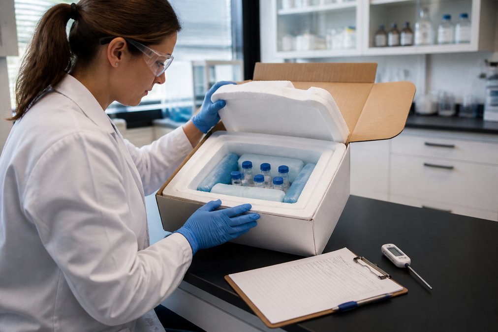 Researcher in a lab opening a cold-chain peptide shipping box with gel packs and vials