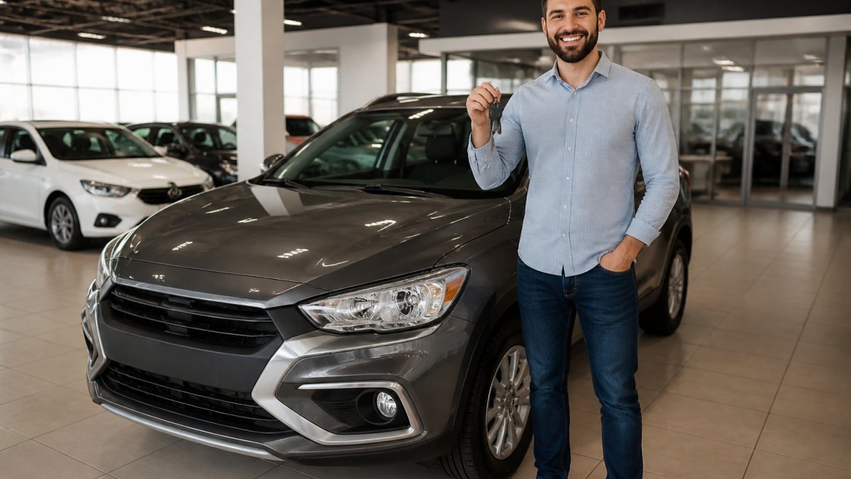 Smiling young adult holding keys next to a certified used car in a bright showroom
