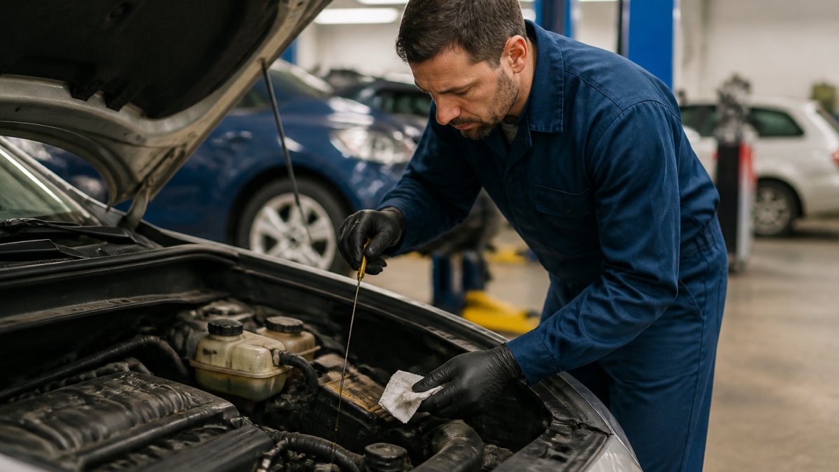 Mechanic in work uniform examining engine bay of used car under bright fluorescent shop lighting, checking fluid levels and hoses