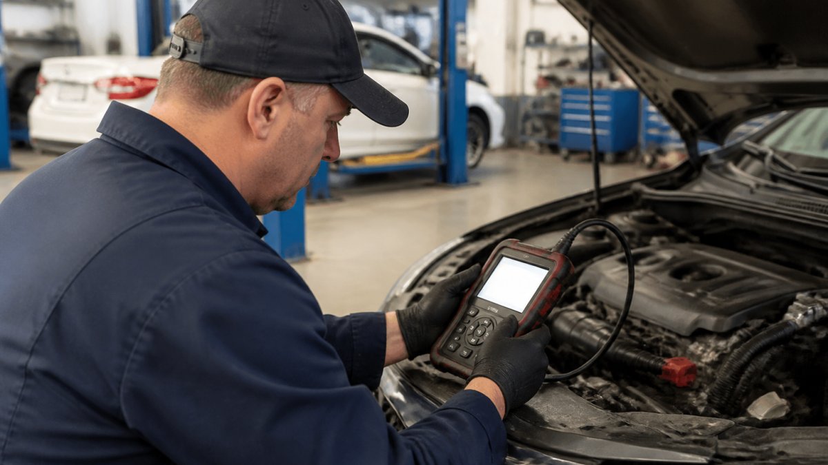 Certified mechanic using a diagnostic scanner on a used sedan's onboard computer system, with fault codes displayed on the scanner screen in a professional garage setting
