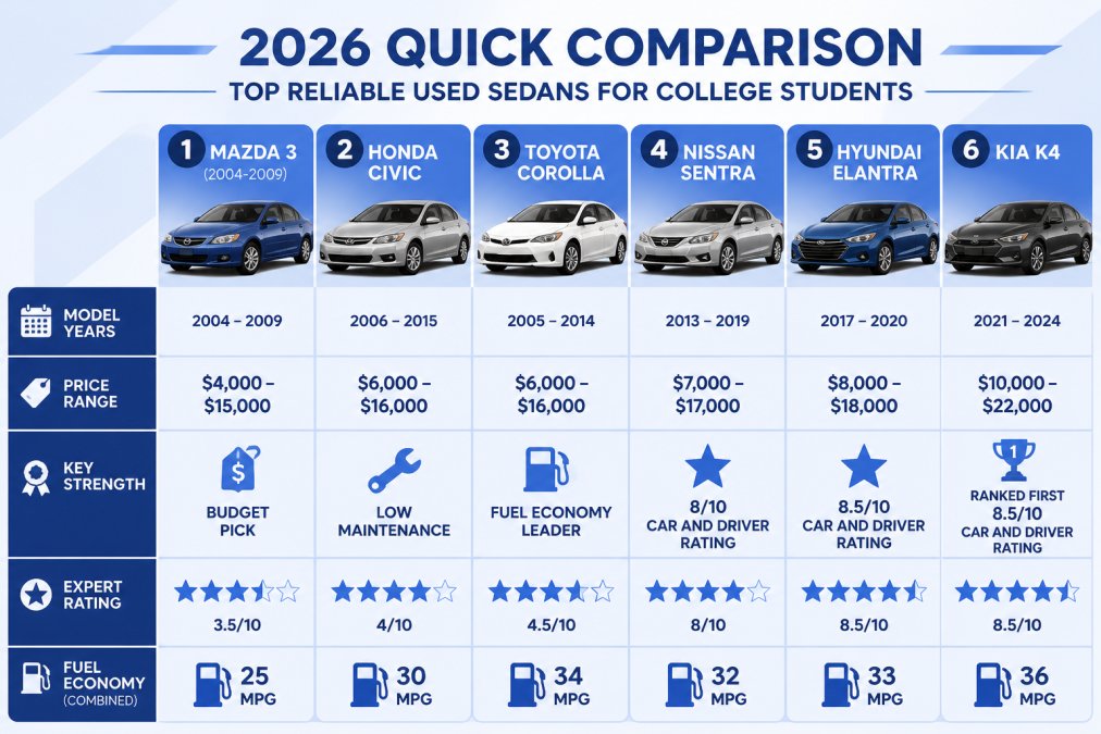 Feature comparison matrix of six reliable used sedans for college students: Mazda 3 (2004-2009, $4,000-$15,000, budget pick), Honda Civic (low maintenance), Toyota Corolla (fuel economy leader), Nissan Sentra (8/10 Car and Driver rating), Hyundai Elantra (8.5/10), Kia K4 (ranked first, 8.5/10)