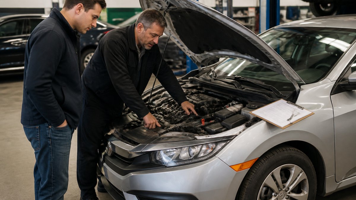 A buyer and a mechanic inspecting the open hood of a used silver sedan in a well-lit garage, clipboard checklist resting on the front fender