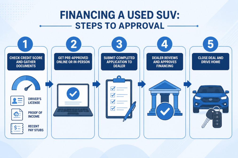 Flowchart showing 5-step financing approval process: Step 1 - Check credit score and gather documents (driver's license, proof of income, recent pay stubs), Step 2 - Get pre-approved online or in-person, Step 3 - Submit completed application to dealer, Step 4 - Dealer reviews and approves financing, Step 5 - Close deal and drive home