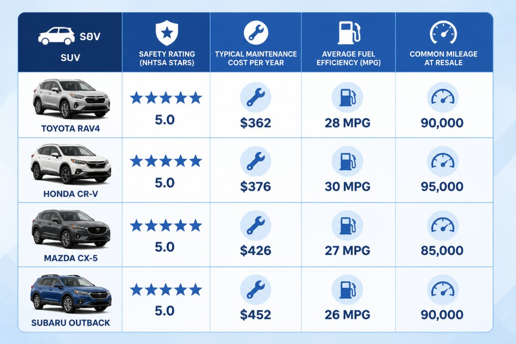 Comparison matrix showing reliability ratings for 4 popular used SUVs - Toyota RAV4, Honda CR-V, Mazda CX-5, Subaru Outback - with columns for Safety Rating (NHTSA stars), Typical Maintenance Cost per Year, Average Fuel Efficiency (MPG), and Common Mileage at Resale