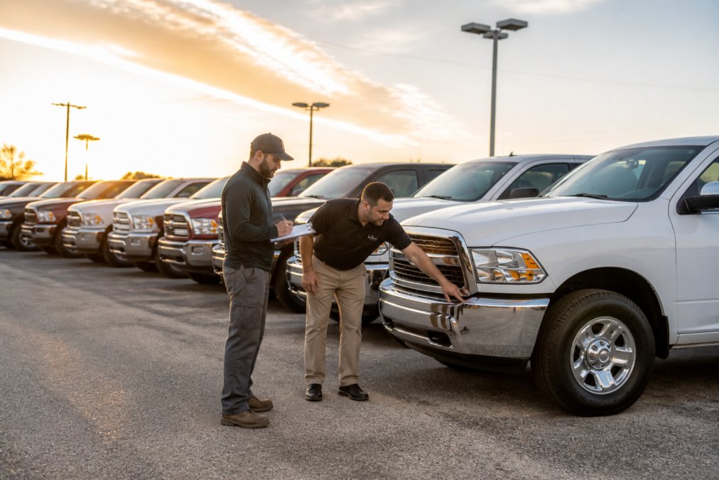 Salesperson showing features of used trucks for commuters to a customer at a dealership lot during golden hour