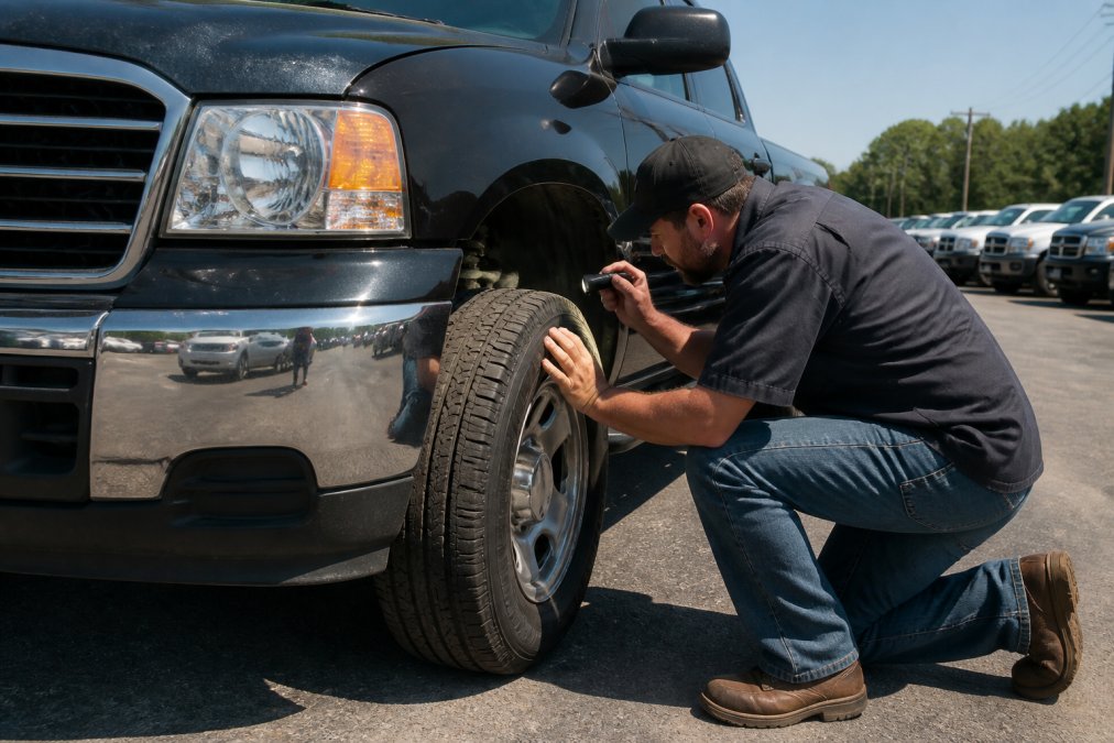 A person in casual work clothes kneeling beside a used pickup truck, inspecting the front tire tread and suspension with a flashlight, in a dealership lot on a sunny day