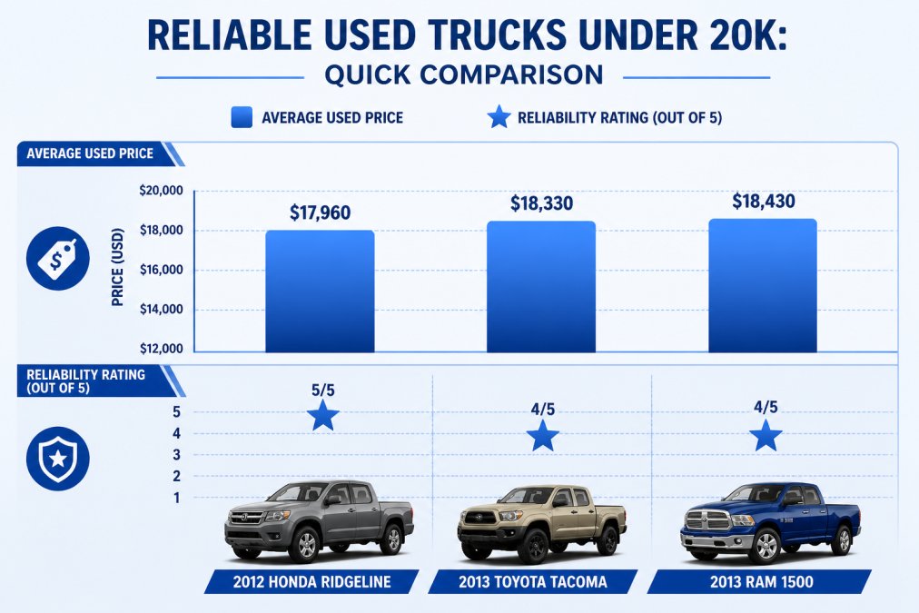 Bar chart comparing reported average used prices and reliability ratings: 2012 Honda Ridgeline $17,960 at 5/5, 2013 Toyota Tacoma $18,330 at 4/5, 2013 Ram 1500 $18,430 at 4/5
