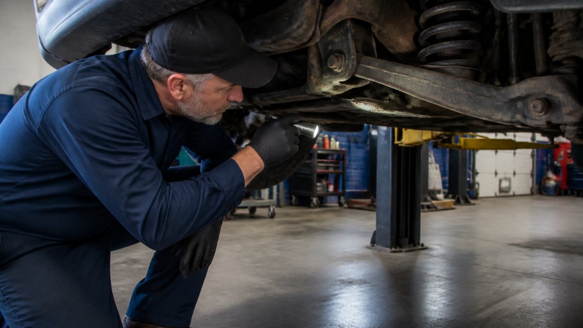 Mechanic inspecting the suspension and frame of used trucks under 20k for rust in a service bay.