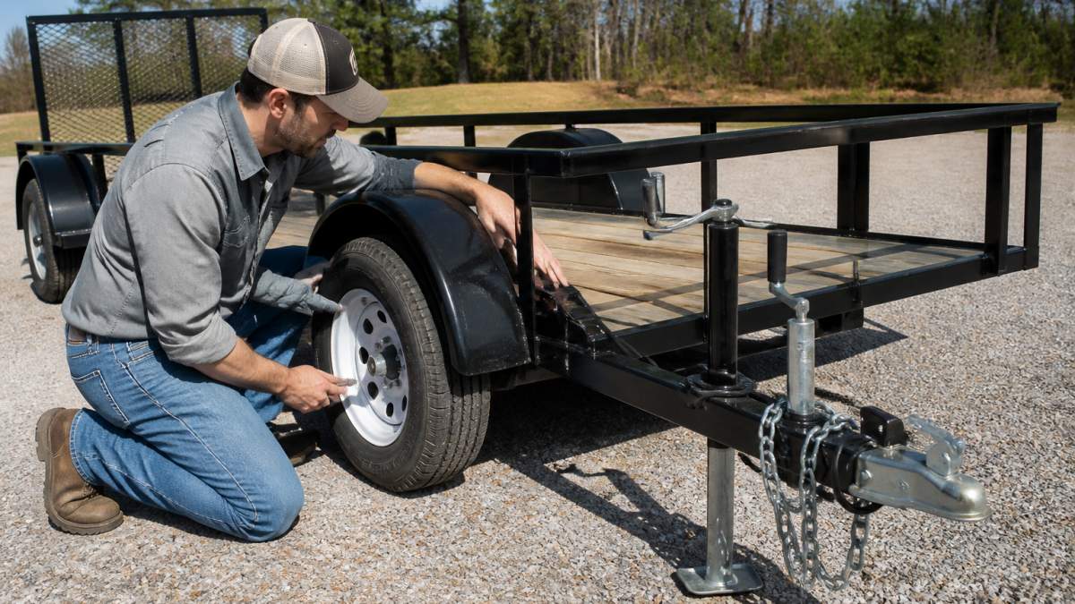 Person in work clothes inspecting the tire tread and hitch of a utility trailer rental in a gravel lot.