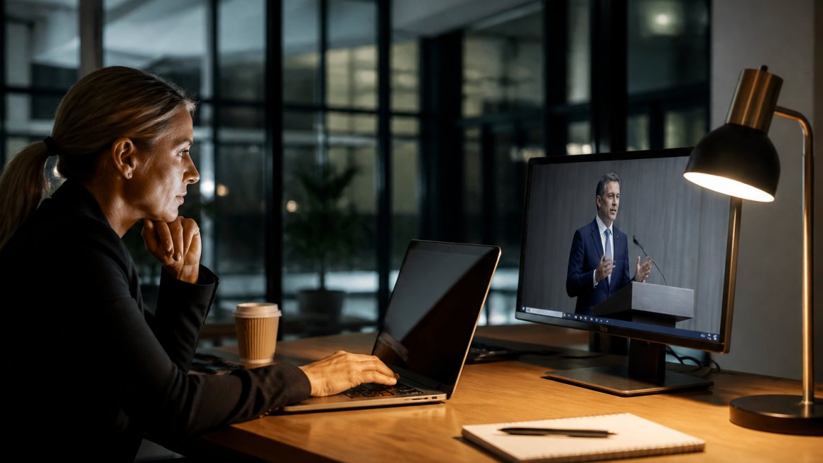 A corporate communications manager reviewing access permissions on a laptop in a dim office, with a second screen showing a live video feed of a presenter