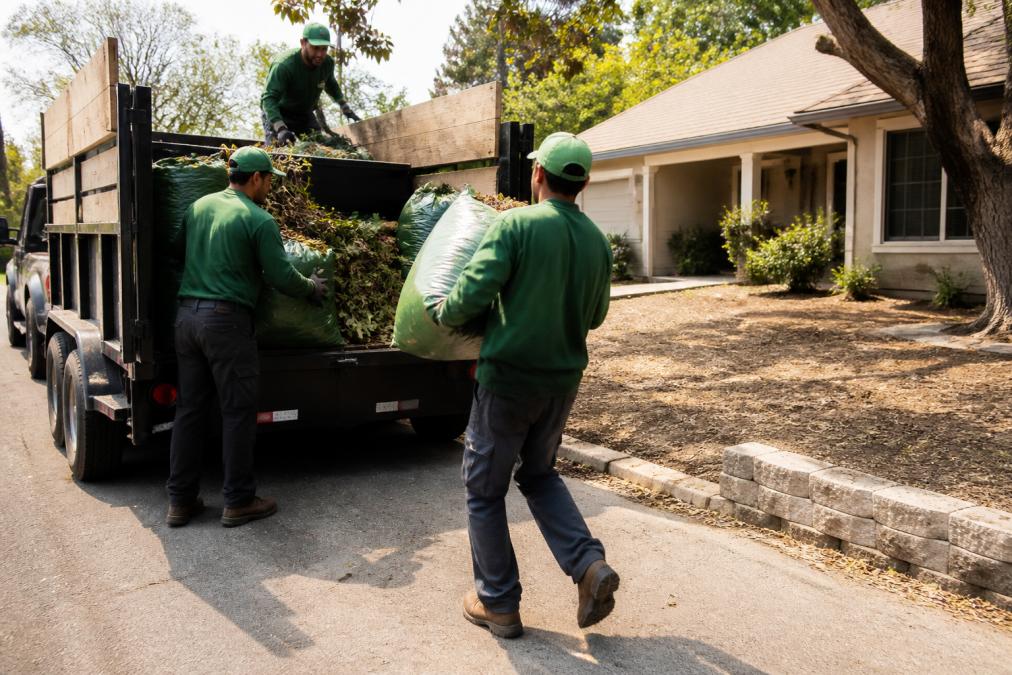 A uniformed lawn care crew loading green waste bags and branches into a commercial truck trailer parked in front of a suburban home with a freshly cleared yard