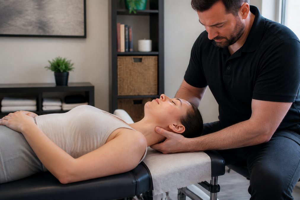 Chiropractor performing gentle cervical adjustment on patient lying face-up in treatment room with soft lighting, demonstrating controlled technique for neck pain relief