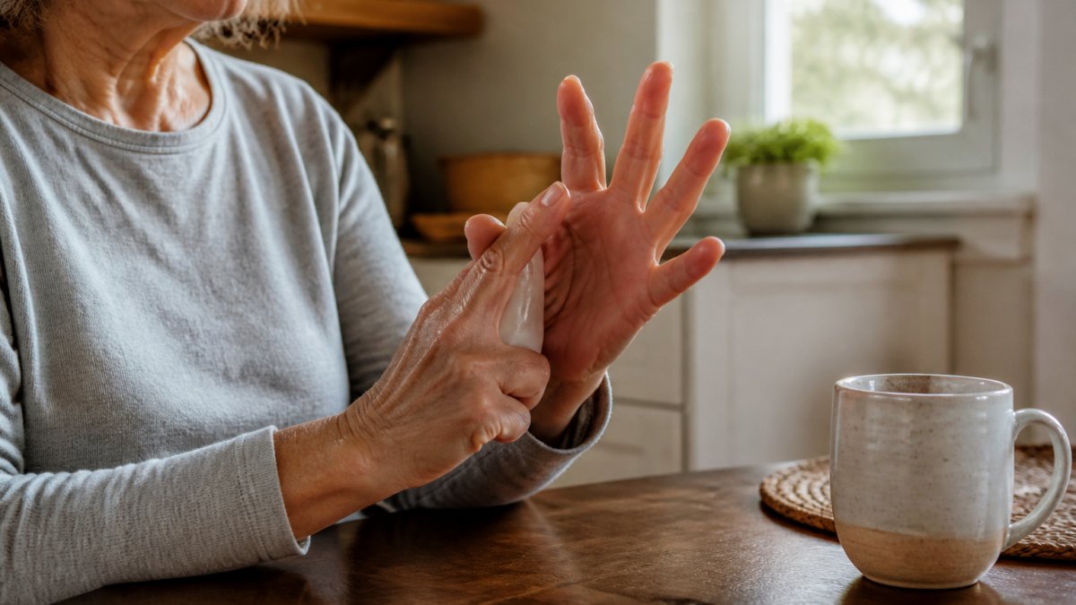 Close-up of an older adult's hands performing a gentle finger bend exercise at a kitchen table in soft morning light, with a warm mug nearby