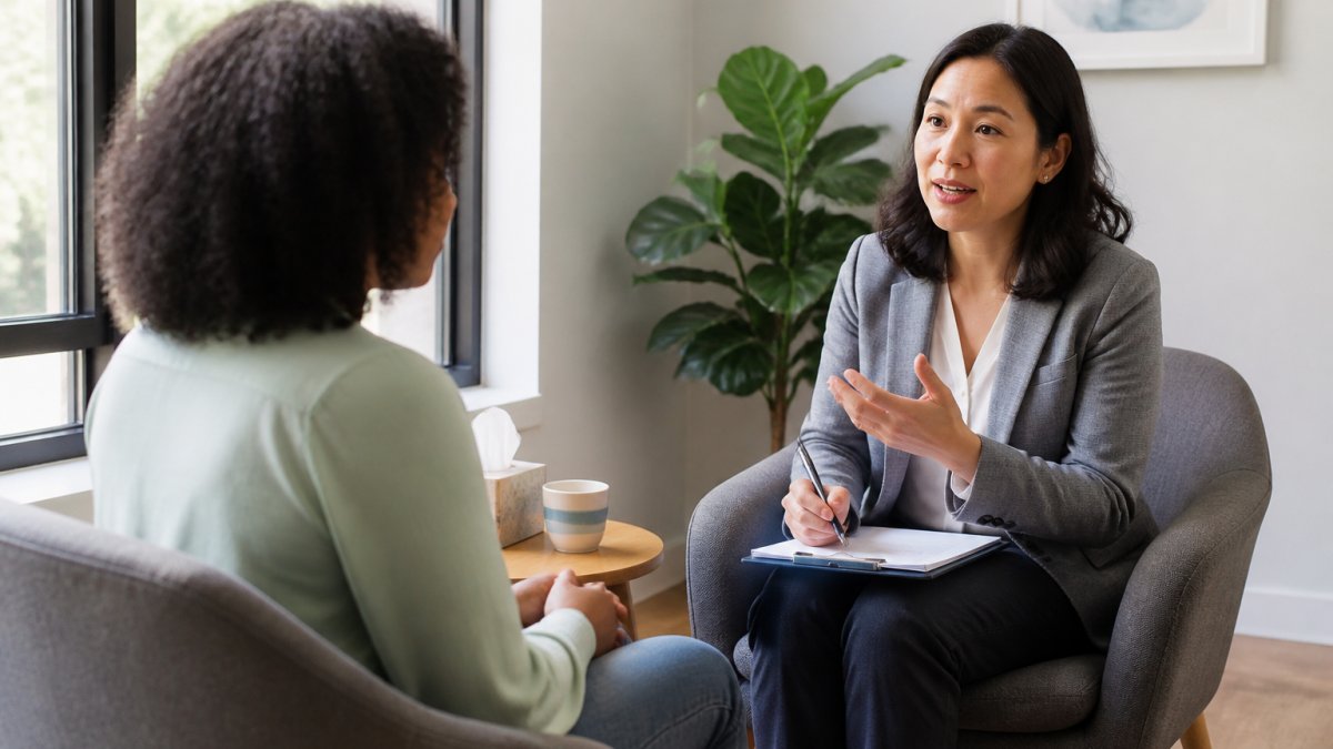A calm clinical consultation room with a therapist and adult patient talking across a small table, natural light through a window, notepad on the table