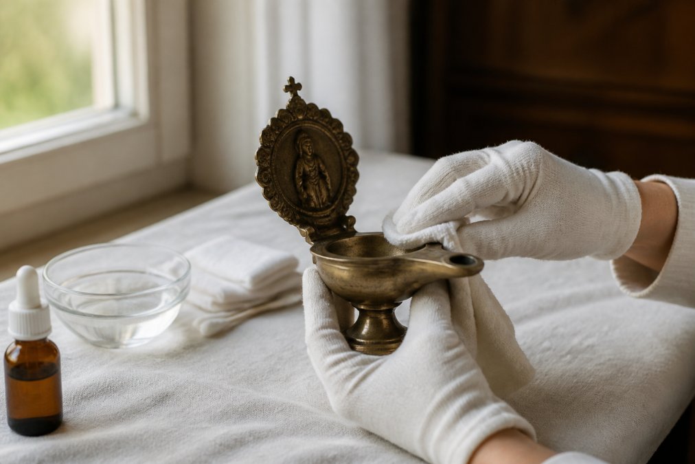 Handen voorzichtig een antieke koperen godslamp schoonmakend met zachte katoenen doek en mild reinigingsmiddel op beschermend oppervlak, natuurlijk licht van raam