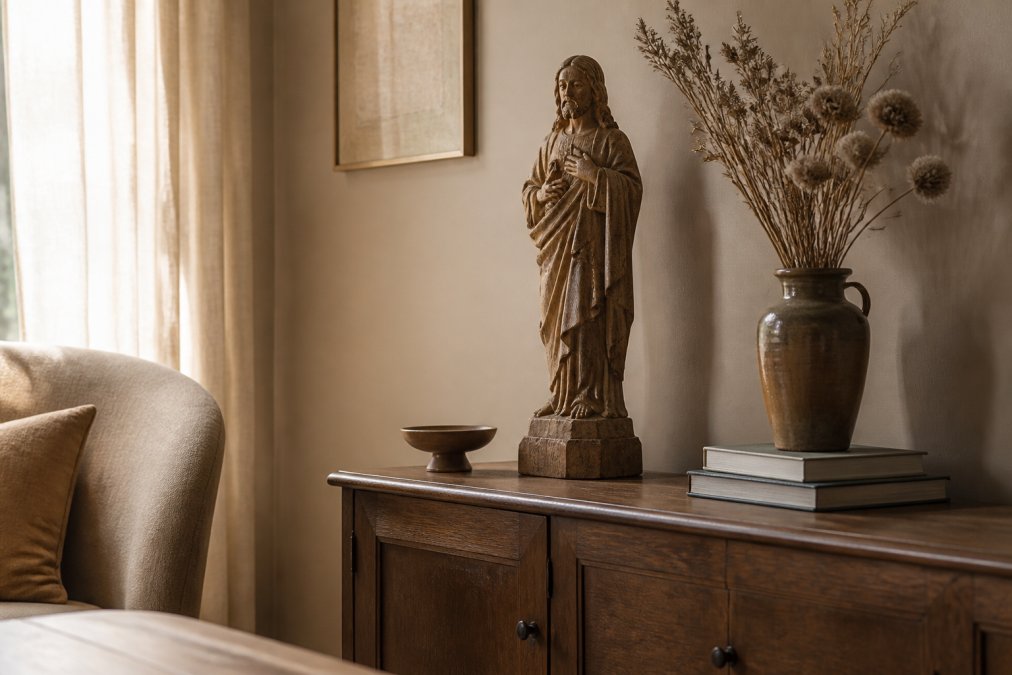 Sfeervolle woonkamer met een antiek houten heiligenbeeld op een dressoir, naast een vaas met droogbloemen en een stapel boeken, zacht invallend licht en aardetinten in een modern interieur