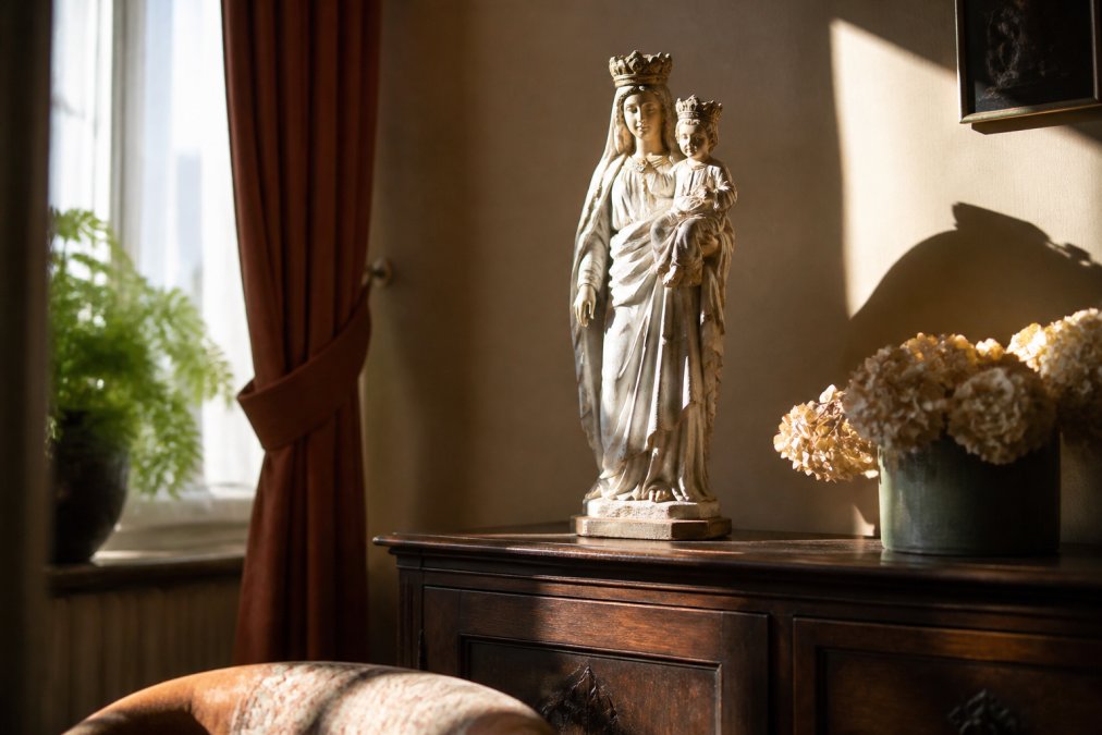 Een antiek gipsen Mariabeeld met kindje Jezus staat op een donkerhouten kast in een woonkamer, warm invallend zonlicht van opzij, serene en rustige sfeer