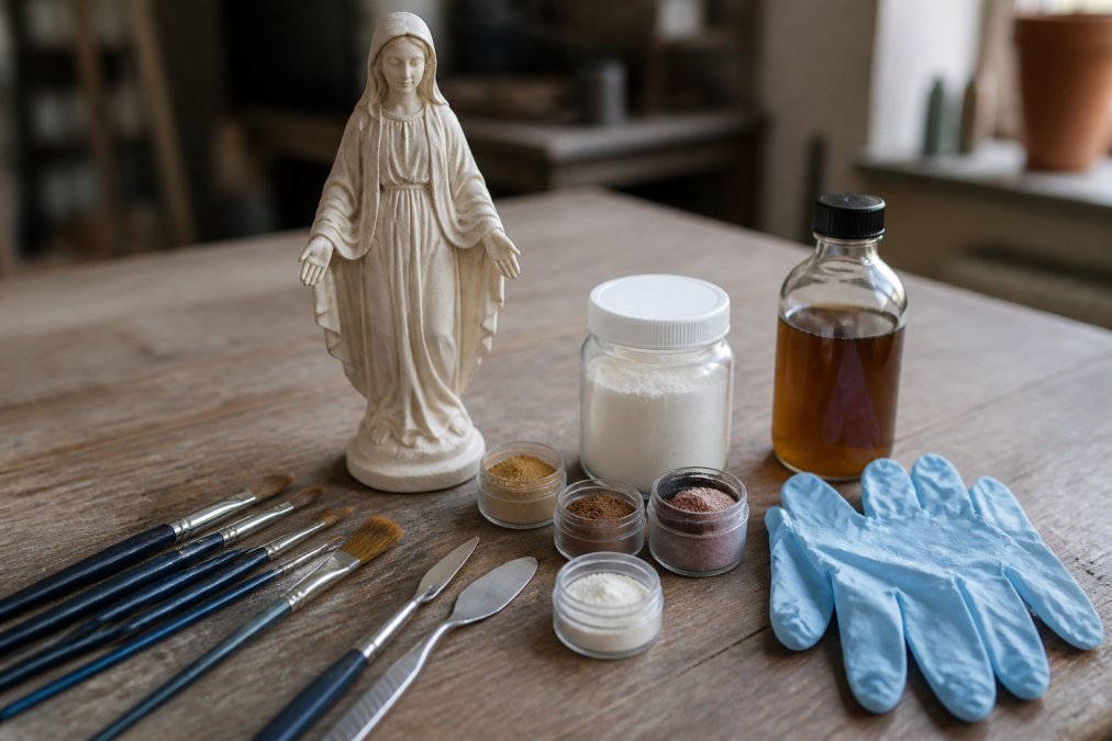 Close-up van een houten werktafel met restauratiematerialen uitgestald: fijne penselen van verschillende maten, stalen spatels, kleine potjes droogpigment, een pot vulmiddel, een fles damar-vernis en beschermende nitrilhandschoenen naast een gipsen Mariabeeldje in zachte werkplaatsverlichting