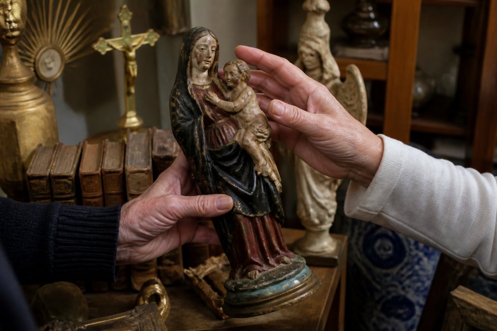 Close-up van twee handen die een antiek religieus beeld voorzichtig onderzoeken in een goed verlichte kamer, met vintage objecten en boeken op de achtergrond