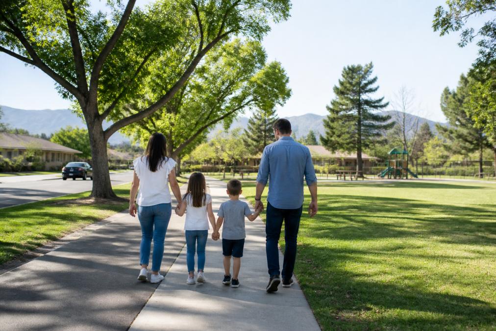 Family walking together on a sunny North Burbank neighborhood street with local parks visible, mature trees providing shade, and community spaces in background