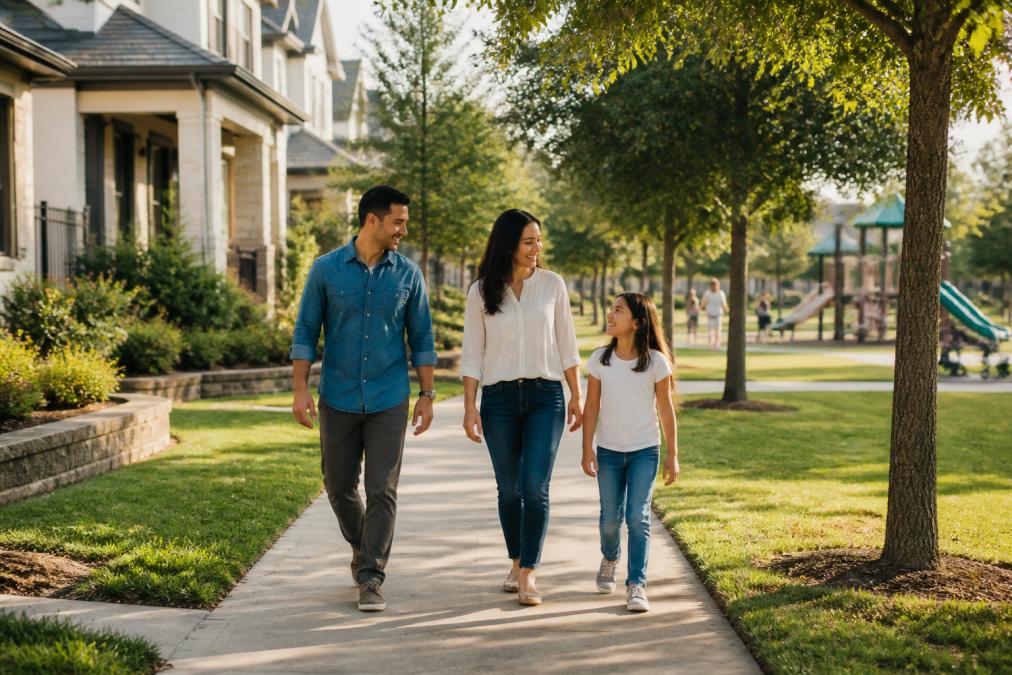 Family walking through a tree-lined residential street in a master-planned community with modern homes, manicured lawns, and community park visible in the background on a bright afternoon